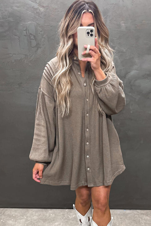 Waffle Knit Button Front Band Collar Mini Dress